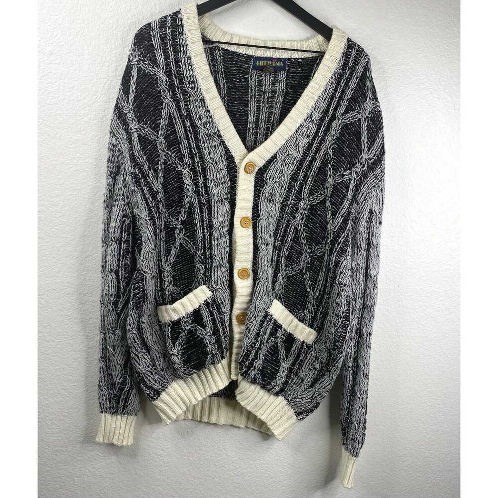 Lifetrends Sweater Cardigan Men's Black White Sz L 3D 80's 90's Grandpa Vintage